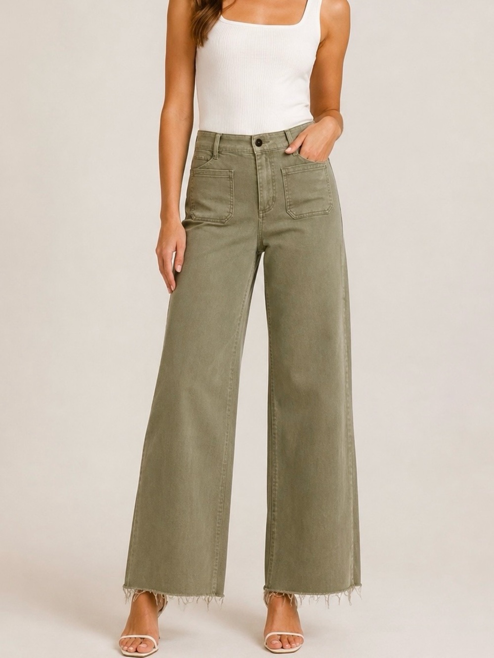 OAT 4 (W27) High-Waist Wide Leg Jeans  Light Army Green Raw  Frayed Hems